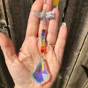 Gorgeous Huge Scalloped Teardrop Rainbow K9 Crystals Dragonfly Suncatcher NWT